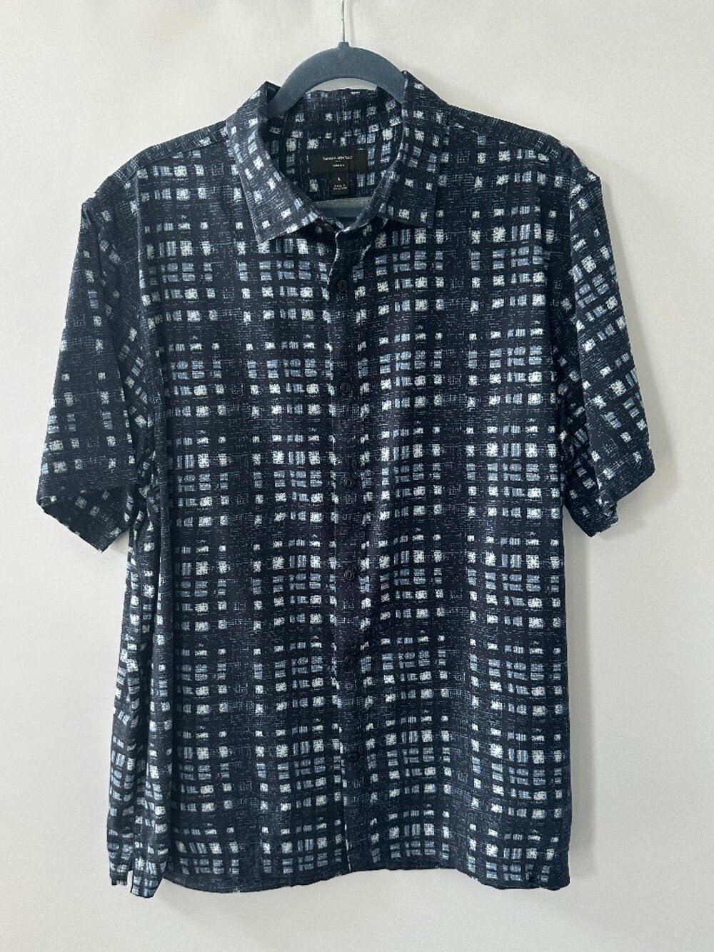 Banana Republic Navy Blue Square Pattern Large Slim Fit Men's Short Sleeve Shirt
